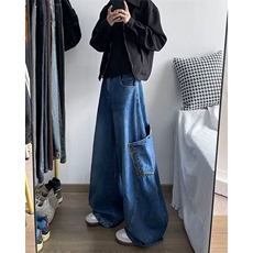 美式复古街头设计感廓形弯刀牛仔裤宽松阔腿拖地长裤香蕉裤镰刀裤，男装牛仔裤，星座410-7