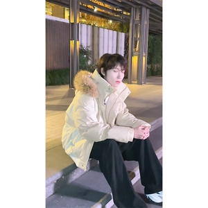 现货三防重磅硬挺boxy短款羽绒棉衣座山雕大毛毛领PU皮棉服外套冬图片