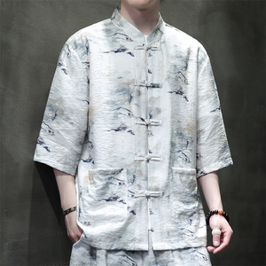 2025夏季新款风男装盘扣新中式唐装书法印花衬衫 C111-P50图片