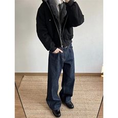 老钱风深蓝色赤耳红边原牛直筒微喇阔腿cleanfit牛仔裤，男装牛仔裤，星座506A