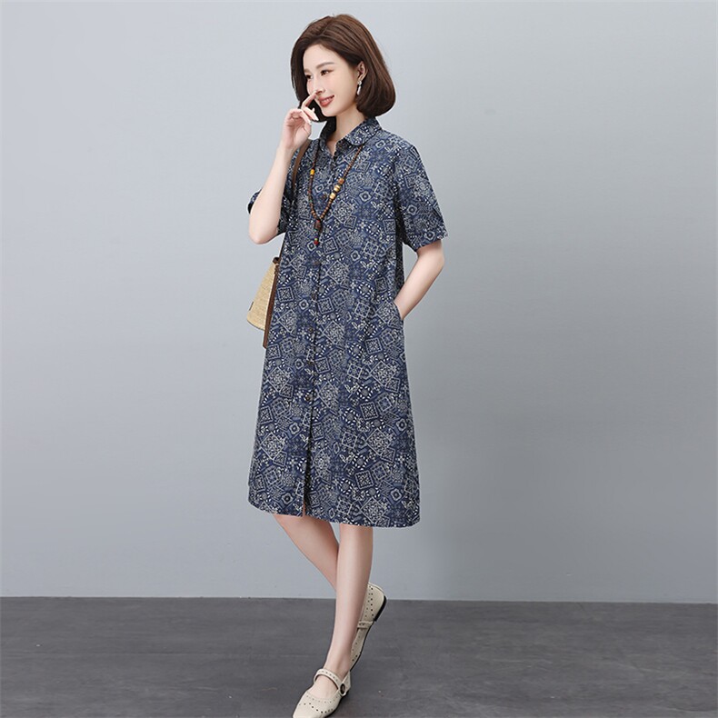 纯棉印花连衣裙女夏2025新款宽松大码中年妈妈遮肚子显瘦衬衫裙子,女装连衣裙,依恋蒂丝