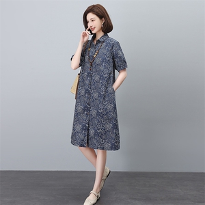 纯棉印花连衣裙女夏2025新款宽松大码中年妈妈遮肚子显瘦衬衫裙子图片