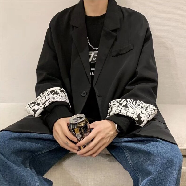 新款小西装外套男潮流ins港风宽松百搭高级感印花西服W1829-P58,男装西服,星座512-4