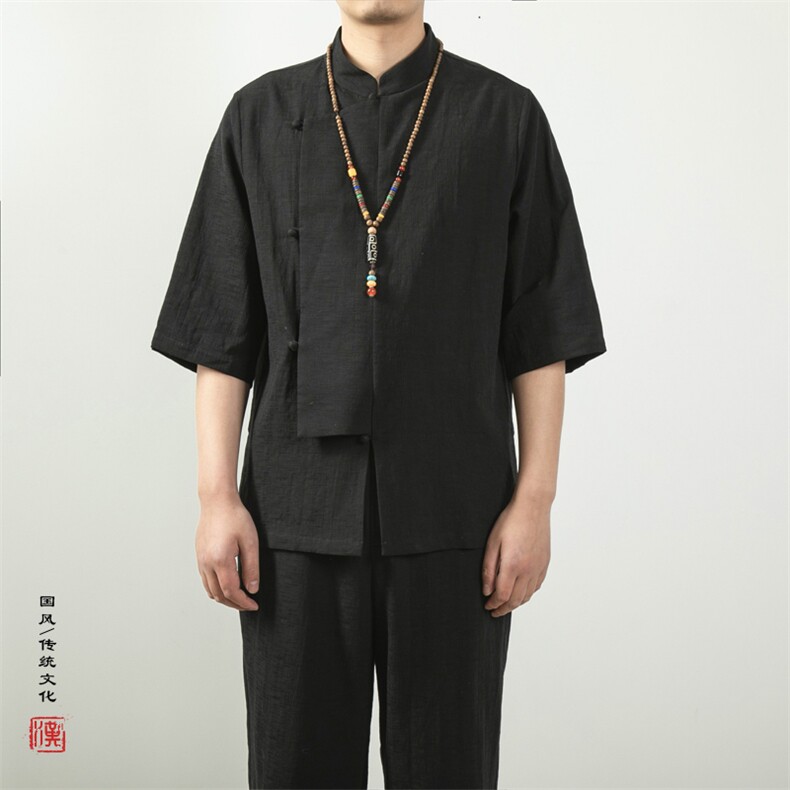 夏装新款风男装棉麻男士立领唐装新中式短袖衬衫X03P75,男装衬衫,钱塘802