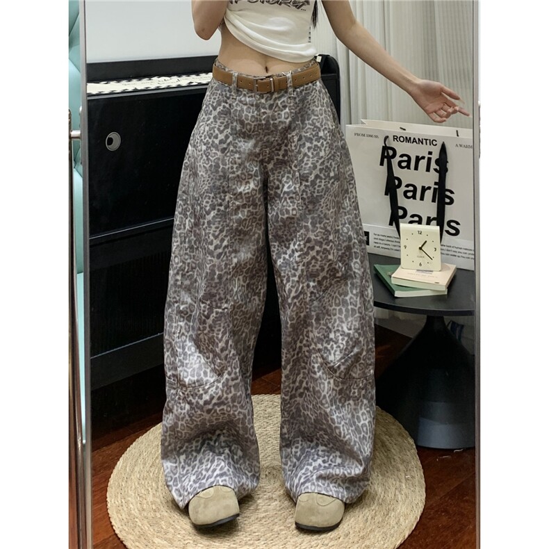 A197-P50美式复古豹纹阔腿牛仔裤女2025早秋新款高腰显瘦宽松,男装牛仔裤,电商B323A