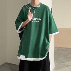 B225-T9358-P40-X55-全棉-撞色-印花重磅假两件印花短袖T恤日系，男装T恤，电商B225