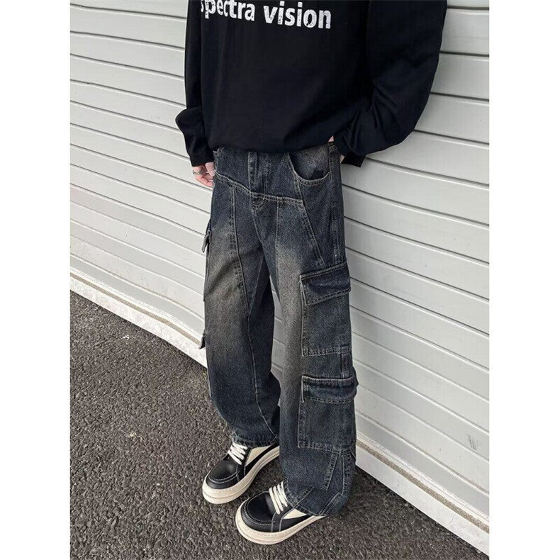 复古工装牛仔裤男春秋新款水洗做旧阔腿裤宽松休闲长裤子N817,男装牛仔裤,星座1116A-1（原606A）