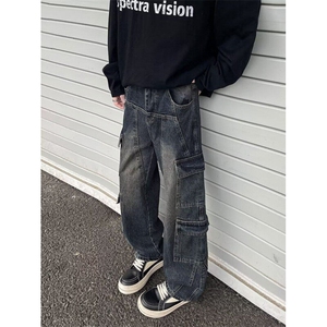 复古工装牛仔裤男春秋新款水洗做旧阔腿裤宽松休闲长裤子N817