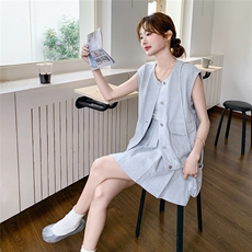 韩版小个子穿搭一整套女2025夏新款时尚无袖马甲百褶半身裙两件套，女装套装/套裙，2C135