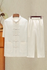 中老年风唐装棉麻短袖衬衫套装男士夏装薄款太极服爷爷套装，男装中老年男装，钱塘723