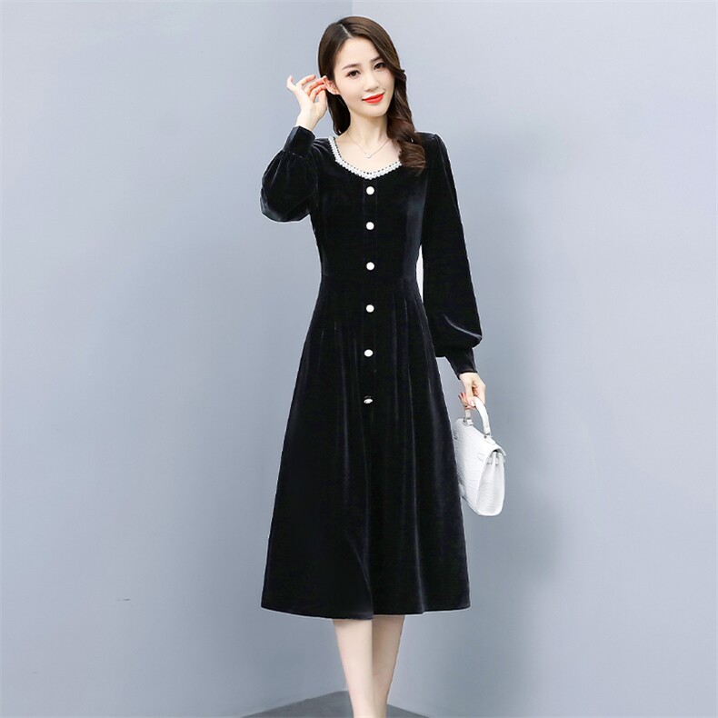 2021春季新款潮流时尚优雅单排扣修身金丝绒连衣裙,女装连衣裙,贵人树