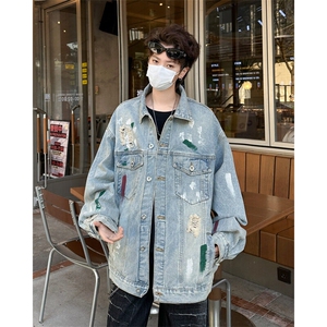 美式破洞牛仔外套男春新款潮牌泼墨工装高街翻领夹克JK08865-P65图片