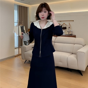 韩版女秋季新款时尚洋气套装裙娃娃领领开衫拉链上衣中长裙两件套图片