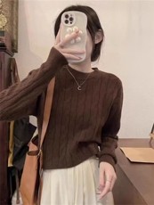 秋季新款舒适显瘦时尚百搭露脐高腰麻花针织衫，女装羊毛衫，恒恩羊绒