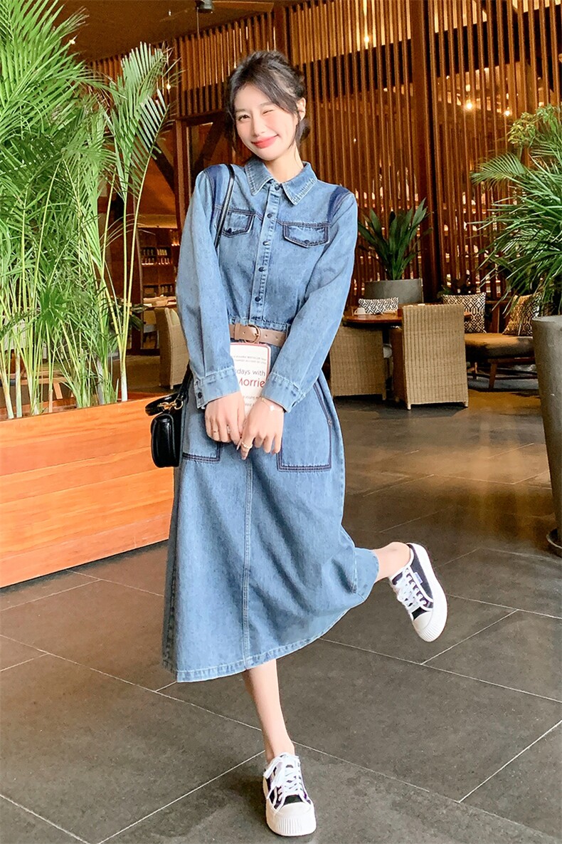 时尚复古牛仔连衣裙女2024春季新款时髦别致chic休闲风中长款裙子,女装连衣裙,点滴