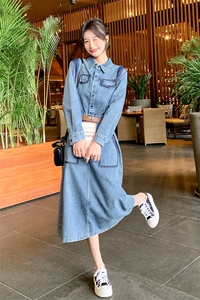 时尚复古牛仔连衣裙女2024春季新款时髦别致chic休闲风中长款裙子图片