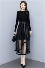 现货2022春秋冬打底季新款收腰显瘦法式针织拼接网纱打底连衣裙女，女装连衣裙，然然