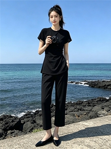 韩系时尚气质套装女夏季新款圆领褶皱收腰上衣双口袋直筒裤两件套图片