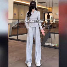 女初秋新款休闲运动套装气质减龄修身立领纯色上衣阔腿长裤两件套，女装套装/套裙，江南