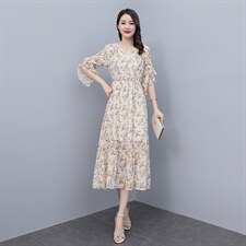 2022新款高端雪纺碎花连衣裙显瘦长裙收腰仙女装裙子，女装连衣裙，雅佳俏
