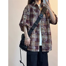 夏款格子短袖衬衫男生潮流青少年百搭宽松五分袖休闲上衣LS39P36，男装T恤，星座1013-5