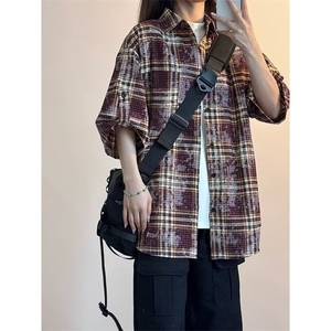 夏款格子短袖衬衫男生潮流青少年百搭宽松五分袖休闲上衣LS39 P36图片