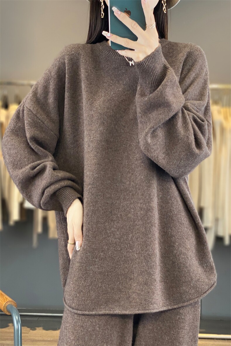 圆领宽松慵懒风100%纯羊毛两件套女秋冬长袖毛衣阔腿裤羊绒衫套装,女装套装/套裙,东远绒业