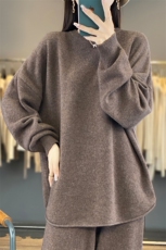 圆领宽松慵懒风100%纯羊毛两件套女秋冬长袖毛衣阔腿裤羊绒衫套装，女装套装/套裙，东远绒业