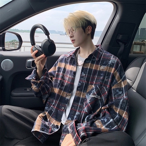 衬衫男春季新款港风宽松大码格子扎染刺绣长袖衬衣CS3016-P38图片