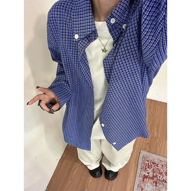 美式复古慵懒宽松蓝格子衬衫女男春秋季新休闲长袖衬衣CS46,男装衬衫,星座1116A（原606A-3）