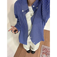 美式复古慵懒宽松蓝格子衬衫女男春秋季新休闲长袖衬衣CS46，男装衬衫，星座1116A（原606A-3）