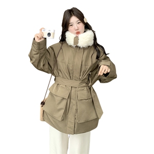 2024年冬季新款现货仿羊羔毛拼接羽绒服中长款派克服图片