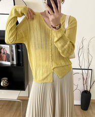 秋季新款纯色针织v领单排扣时尚百搭，女装针织衫/毛衣，臻纶羊绒