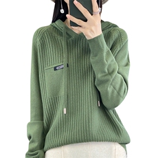 时尚百搭绿色针织帽衫修身显瘦长袖毛衣舒适保暖女款外套，女装针织衫/毛衣，大美人包芯纱店