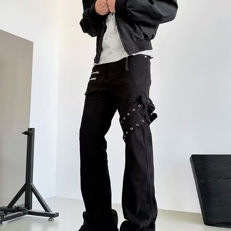 黑色vibe绑带微喇工装牛仔裤男美式高街修身喇叭裤子L84344-P54,男装牛仔裤,星座1008