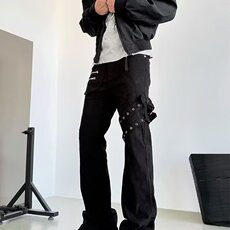 黑色vibe绑带微喇工装牛仔裤男美式高街修身喇叭裤子L84344-P54，男装牛仔裤，星座1008