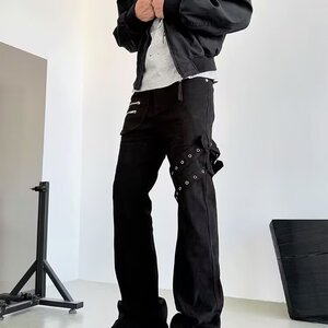 黑色vibe绑带微喇工装牛仔裤男美式高街修身喇叭裤子L84344-P54图片
