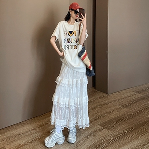 欧货休闲时尚套装女夏季新款纯色圆领字母印花短袖蕾丝长裙两件套