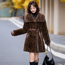 冬季气质女神美拉德豹纹进口金貂仿貂拼皮中长款高档仿皮草大衣潮，女装皮草，跑量工厂店