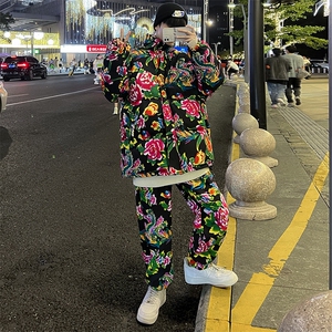 H203东北大花棉衣套装外套机车服团队男女棉袄加绒裤套装男女汉服图片