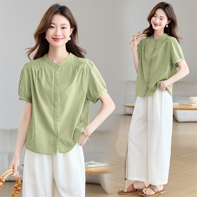 纯棉短袖衬衫女夏季2025年新款中年妈妈宽松休闲显瘦圆领百搭上衣，女装套装/套裙，木子恋