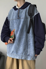 秋冬港风日系长袖卫衣拼接牛仔夹克连帽外套休闲学生潮H201/P70，男装夹克，钱塘713