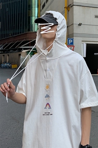 LD54141-P45 连帽短袖t恤男大码胖子带帽五分袖中袖图片