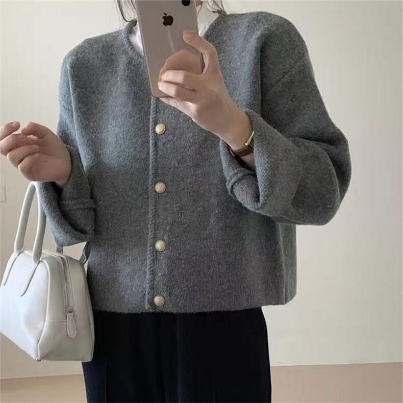 法式灰色小香风毛衣开衫女秋季高级感短款针织外套宽松外搭上衣,针织衫/毛衣,萱芳婷羊绒