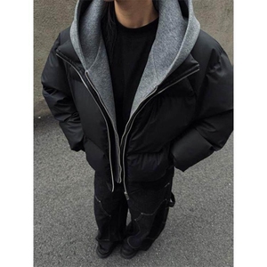 现货高品质重磅工艺美式高街假两件PU皮棉衣男女加厚棉服外套,男装棉衣,电商A486