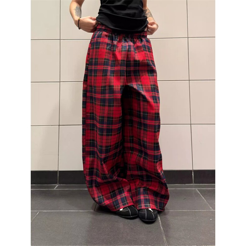 复古红色格子裤女春秋高腰显瘦直筒裤宽松休闲阔腿裤WLW400-P50,男装休闲裤,星座1008