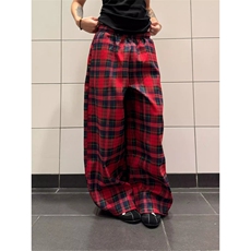 复古红色格子裤女春秋高腰显瘦直筒裤宽松休闲阔腿裤WLW400-P50，男装休闲裤，星座1008