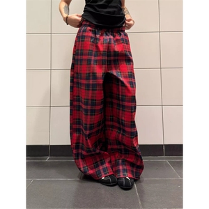 复古红色格子裤女春秋高腰显瘦直筒裤宽松休闲阔腿裤WLW400-P50图片