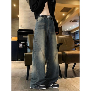 复古水洗做旧直筒宽松牛仔裤男春秋季美式高街潮流长裤痞帅直筒裤图片
