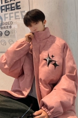 港风PU皮复古做旧可拆卸四芒星胸针设计棉衣男MY77721P128控168，男装棉衣，星座227-7